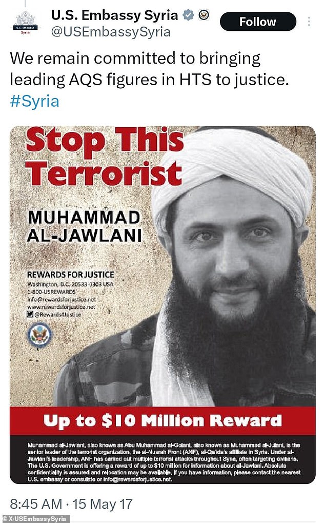 Sharaa, a former al Qaeda commander, was previously sanctioned by Washington, DC as a 'specially designated global terrorist'. This wanted poster was circulated in 2017