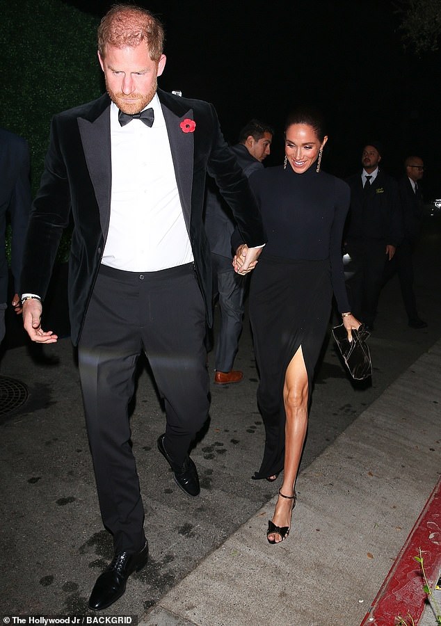 The Duchess of Sussex, 44, and her husband Prince Harry, 41, joined a parade of world-famous names for the exclusive James Bond-themed bash. Harry had a poppy, Meghan didn't