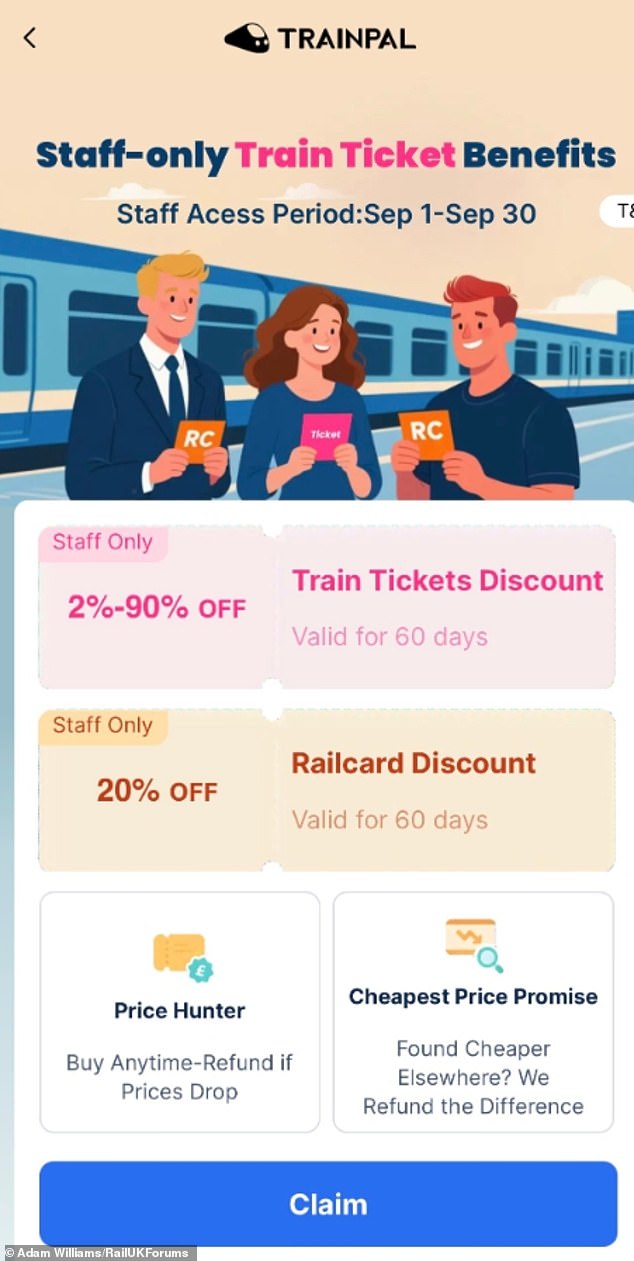The above screengrab shows one of the adverts allegedly posted by TrainPal promising 'staff prices' for train tickets