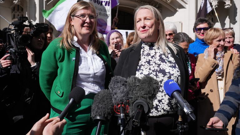 Susan Smith and Marion Calder, co-directors of For Women Scotland, outside the Supreme Court in London in April. Pic: PA