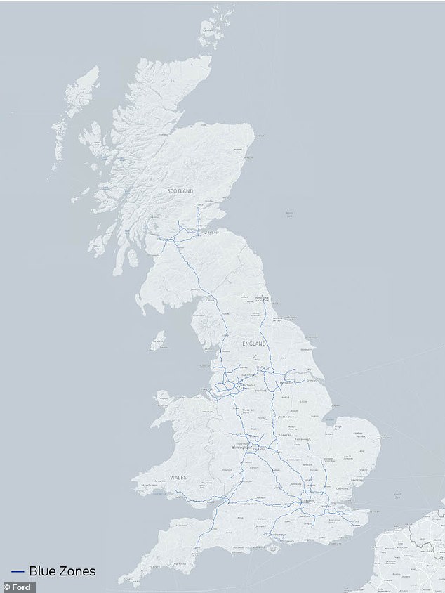 This map shows the designated Blue Zone motorways the DfT has approved for use of Ford's BlueCruise system