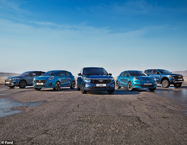 BlueCruise is already available on selected Mustang Mach-E EVs (left). However, the (from left to right) Puma, Kuga, Puma Gen-E and Ranger PHEV  from spring 2026 will also be equipped