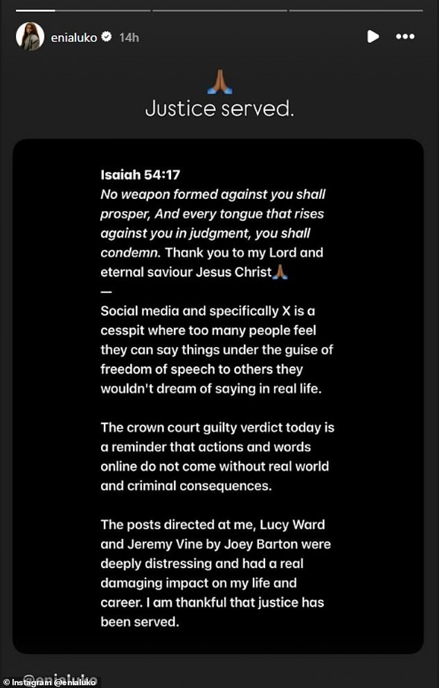 Aluko issued a statement on social media stating 'justice served' but wrote that Barton's posts had a 'damaging impact on my life and career'