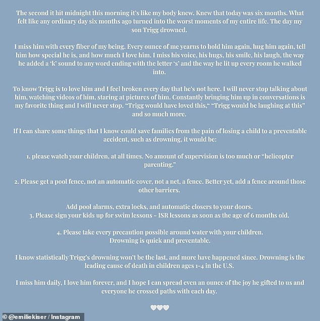 In her post, Kiser issued an urgent warning to parents and said she takes full accountability for the tragedy