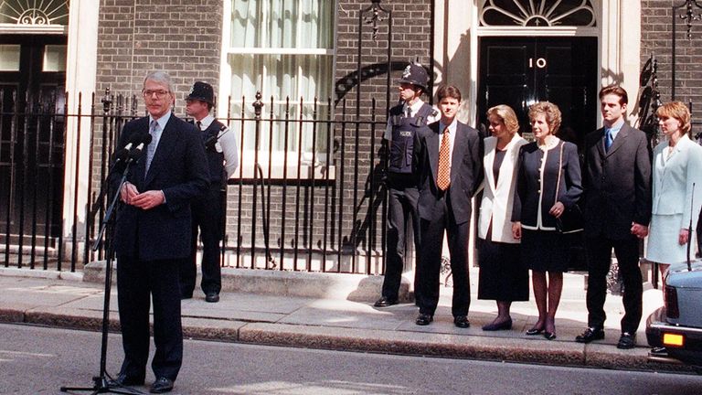 John Major delivering his farewell speech outside No 10 Downing Street after losing the 1997 general election. Pic: PA