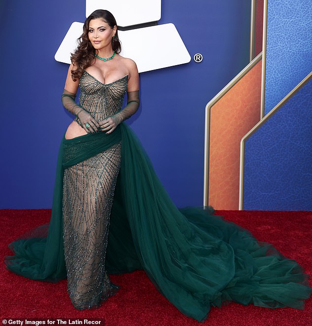 Dare to bare! Actress and television host Chiquinquirá Delgado wore a dramatic, dark green dress on the red carpet, which featured a sheer beaded skirt with a bustier-style top. The gown had a dramatic cut-out at the hip, as well as green fabric draped across the middle and back of the dress, which trailed behind her. She paired it with a pair of green mesh gloves and an emerald necklace and ring