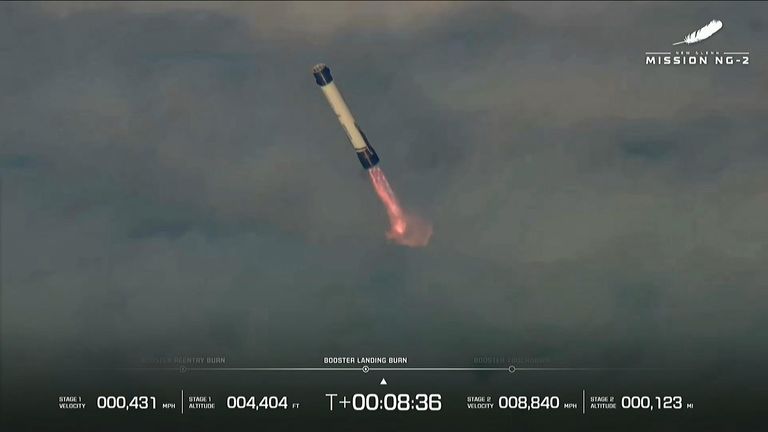 Rockets fired on the booster to slow it down. Pics: Blue Origin