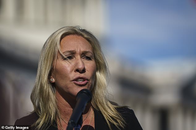 Rep. Marjorie Taylor Greene (R-GA) speaks during a press conference outside the U.S. Capitol