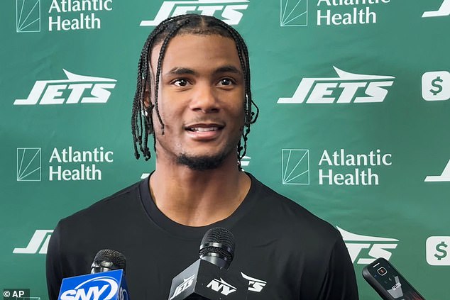Jets receiver Adonai Mitchell speaks to reporters after being acquired from Indianapolis