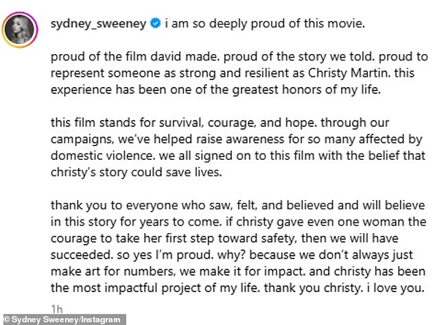 'I am so deeply proud of this movie. Proud of the film David made. Proud of the story we told. Proud to represent someone as strong and resilient as Christy Martin. This experience has been one of the greatest honors of my life,' she gushed on Monday