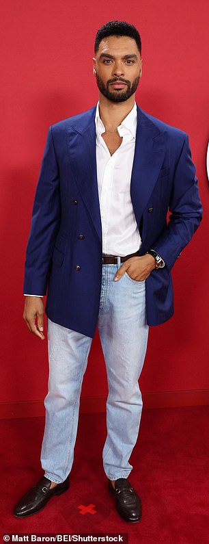 Bridgerton hunk Regé-Jean Page, 37, looked effortlessly cool in a navy blazer, light jeans and a white shirt