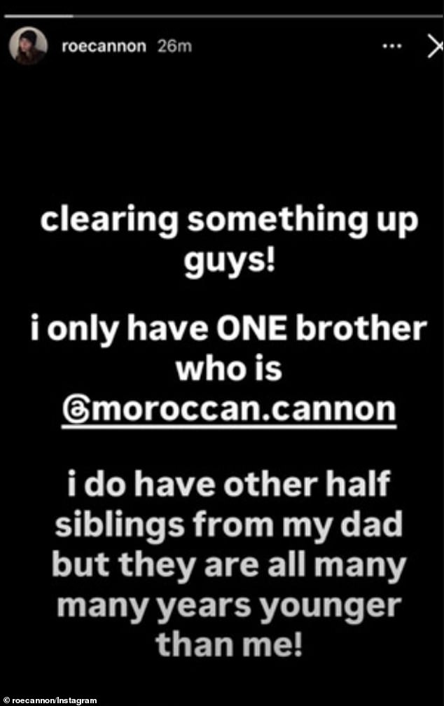 The 14-year-old nepo baby took to Instastory on Wednesday to clarify: 'Clearing something up guys! I only have ONE brother who is @moroccan.cannon. I do have other half-siblings from my dad but they are all many, many years younger than me!'