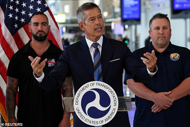 Sean Duffy (pictured center) had been mounting pressure on Newsom over the policy after three people died in a horrific highway crash that was allegedly caused by an illegal migrant, including pulling over $160million in federal funding