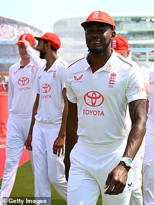 England bowler Jofra Archer wears a red cap for 'Red for Ruth'