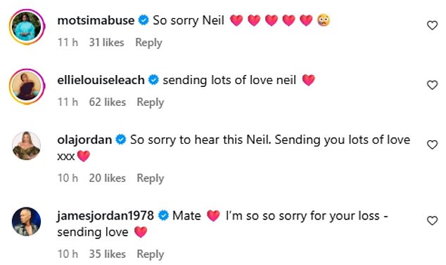 Neil was inundated with condolences from his Strictly colleagues including Karen Hauer who wrote: 'Sending all our love Neil'