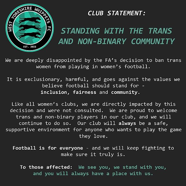The club said it would continue to welcome trans and non binary players when the ban was announced back in May, with the ruling coming into force on June 1