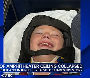 James's mother explained that one piece of the amphitheater's roof landed on top of her son's head and knocked him over before another piece fell on top of him