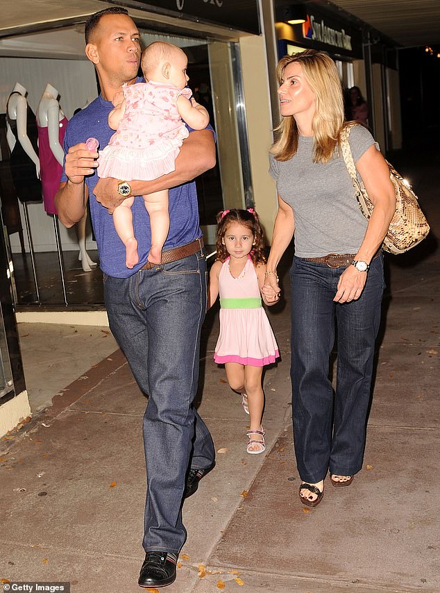 Rodriguez was already a famous MLB player when he married Scurtis in 2002, and they soon welcomed two daughters - Natasha in 2004 and Ella in 2008; the family are pictured in 2008