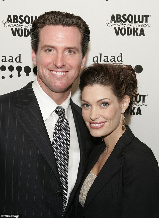 The newly appointed US Ambassador to Greece revealed that she has a 'very good relationship' with ex-husband Gavin Newsom (pictured together)