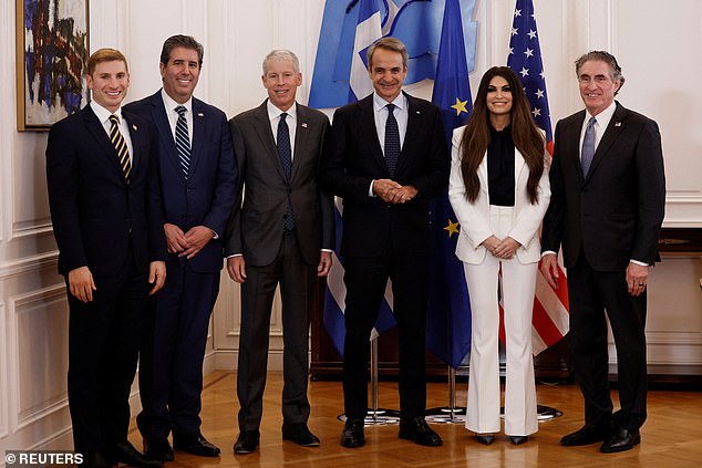 Jacob Helberg, Michael Rigas, Chris Wright, Greek Prime Minister Kyriakos Mitsotakis, Kimberly Guilfoyle and Dough Burgum are pictured together at the Maximos Mansion in Athens, Greece on November 5