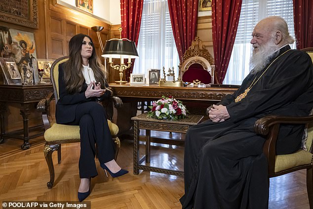 Kimberly Guilfoyle (left) speaks with the Greek Orthodox Archbishop Ieronymos during a meeting in Athens on November 13, 2025