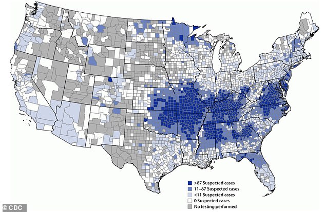 A map showing the geographic distribution of suspected alpha-gal syndrome cases per 1 million population per year in the US from 2017 to 2022