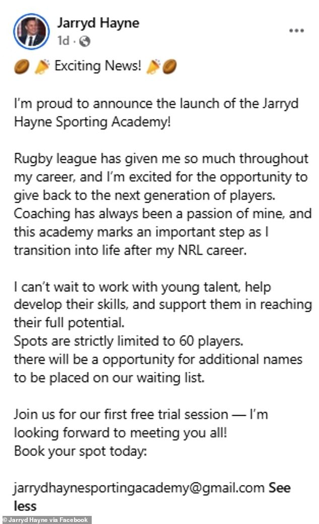 ‘Coaching has always been a passion of mine, and this academy marks an important step as I transition into life after my NRL career,' Hayne said