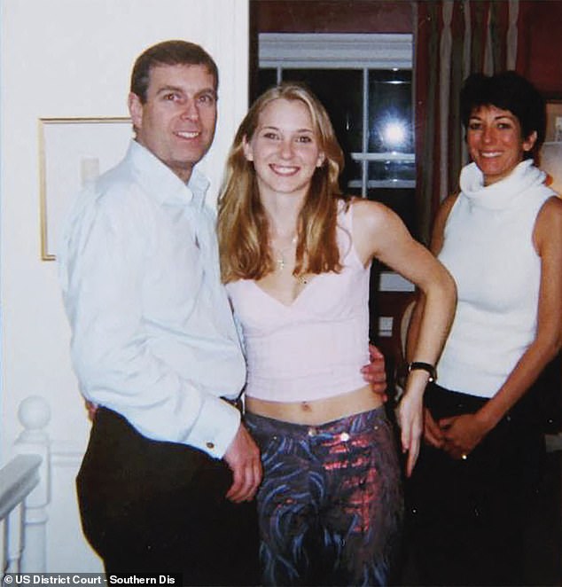 Brown said she was told Prince Andrew would be attending the dinner party at Epstein's house after his conviction. (L-R) Prince Andrew, Virginia Giuffre and Ghislaine Maxwell