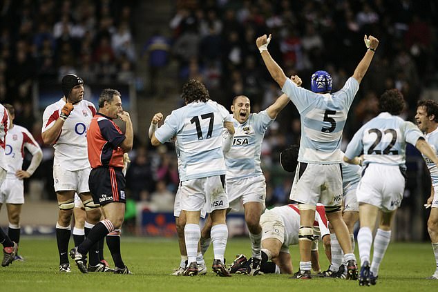 Argentina celebrate their first ever win at Twickenham, back in 2006