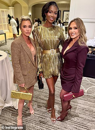 Mellencamp wore a dark gold, tweed miniskirt as well as a matching blazer and tan-colored top underneath