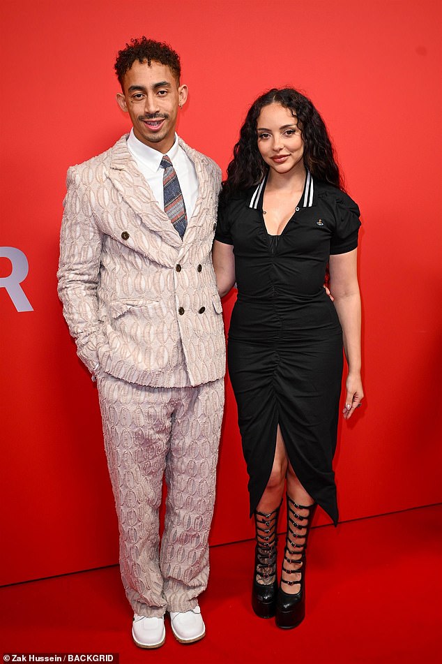 Her Little Mix co-star Jade arrived with boyfriend Jordan Stephens, who looked cool in a patterned suit and trainers