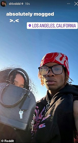 A second shows Burke next to a girl with a handbag covering her face in Los Angeles with the caption 'absolutely mogged'