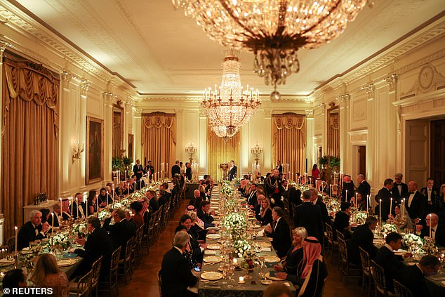 The East Room was set up with three long tables to host a dinner in honor of Saudi Arabia's de facto leader, MBS