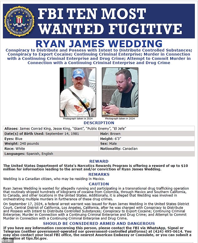 The wanted poster for Wedding, with the FBI offering up to $10million in return for information