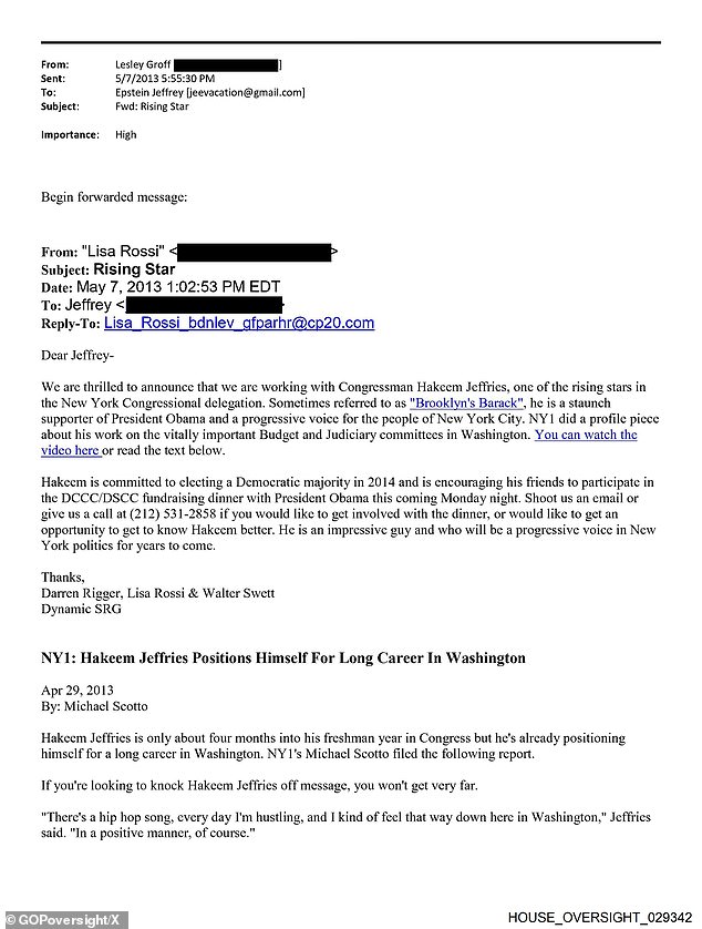On Tuesday afternoon, they released an email sent by a Democrat aligned consulting firm that worked for Jeffries inviting Epstein to a dinner celebrating him in 2013