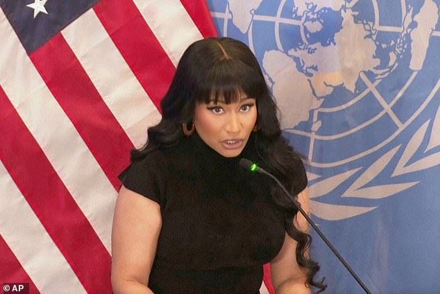 Rapper Nicki Minaj addressing delegates at the United Nations headquarters yesterday. She called for urgent action to 'defend Christians in Nigeria'