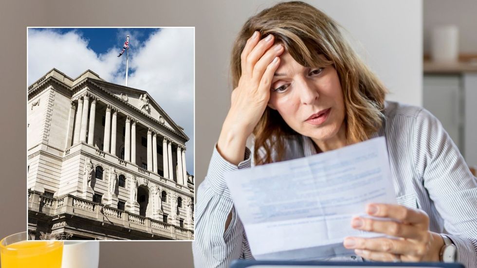 Woman looking at bill and Bank of England 