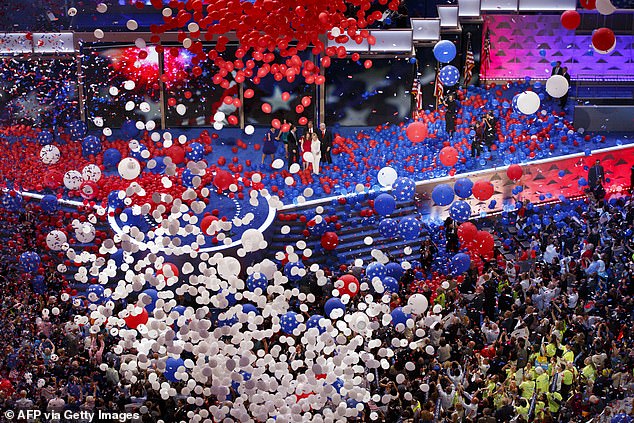 The balloon drop at the 2016 Democratic National Convention, where then Democratic nominee Hillary Clinton and former President Bill Clinton can be seen onstage alongside their family members