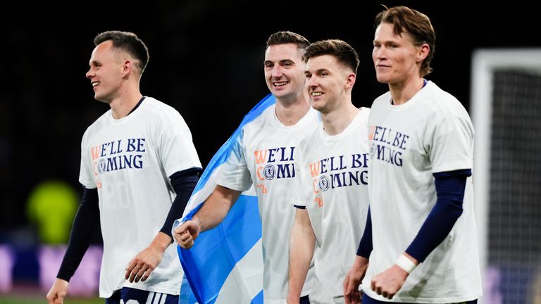 Goal scorers Lawrence Shankland, Kenny McLean, Kieran Tierney and Scott McTominay. Pic: PA