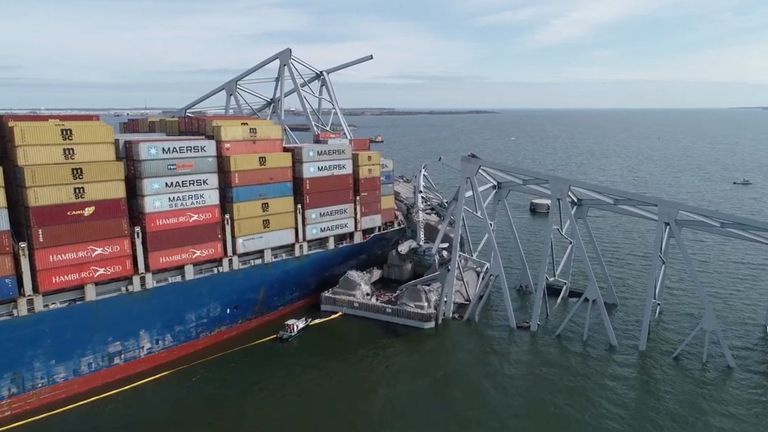 Drone view of the Dali after it crashed into the Francis Scott Key Bridge. Pic: Reuters/NTSB