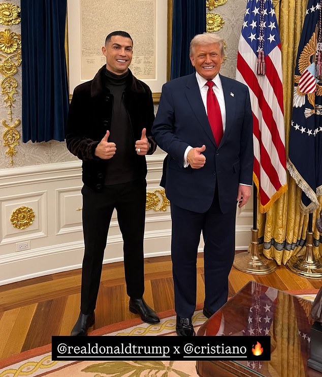 The Portuguese soccer star poses alongside the president on his visit to the White House