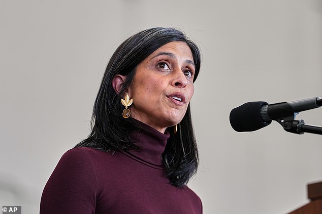 Second lady Usha Vance speaks in the Mega Hangar at the Marine Corps Air Station New River