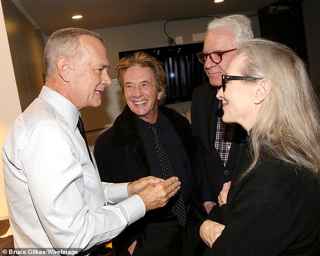 Short, 75, and Streep, 76, looked happy and relaxed while chatting backstage with Hanks, 69, and their Only Murders in the Building creator-star Steve Martin
