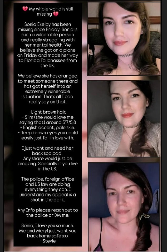 Mr Hunt posted an emotional plea for help in trying to find her – describing how she had flown to Tallahassee