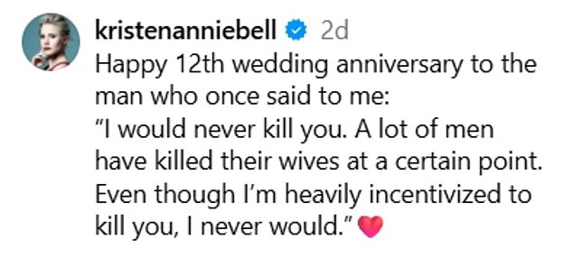 Bell's latest showbiz news comes after she faced a deluge of backlash over a post celebrating her 12th wedding anniversary to Dax Shepard