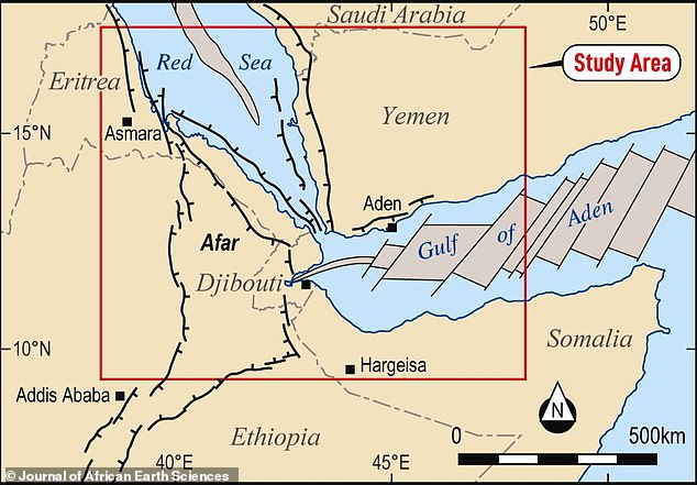 The researchers focused on a study area nearer the top of the rift called the Afar region, where the Red Sea meets the Gulf of Aden. The high-resolution aeromagnetic survey was conducted over the Afar region of Ethiopia, what is now Eritrea