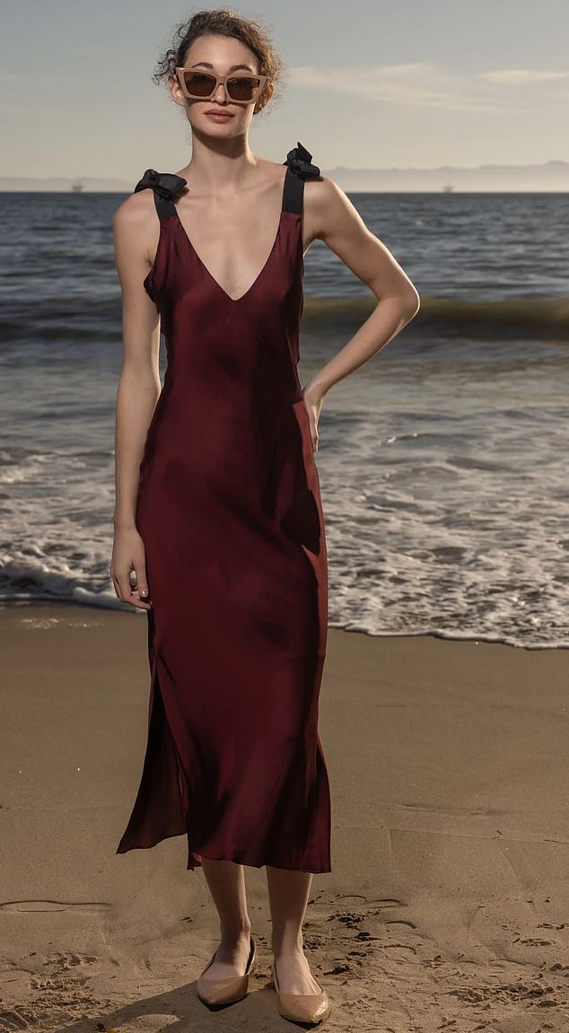 She donned the Marion burgundy slip dress from Heidi Merrick, a brand local to Santa Barbara, which is a stone's throw away from Meghan and Prince Harry's $14 million Montecito mansion