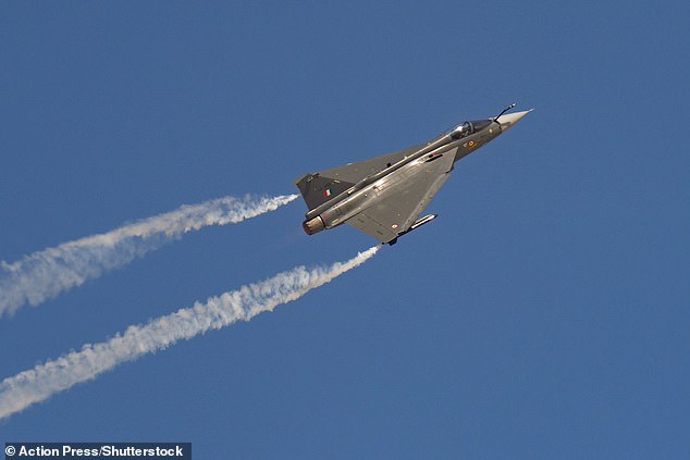 The HAL Tejas MK 1 in the air just before it crashed during a flight demonstration at the Dubai Airshow 2025