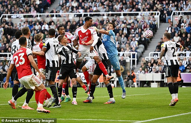 Arsenal's Gabriel heads home from a corner against Newcastle this season. The Gunners have now become set-piece experts