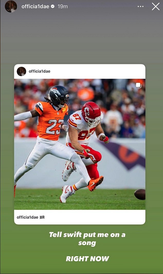 The cornerback appeared to call out the singer after the Broncos' 22-19 win over the Chiefs